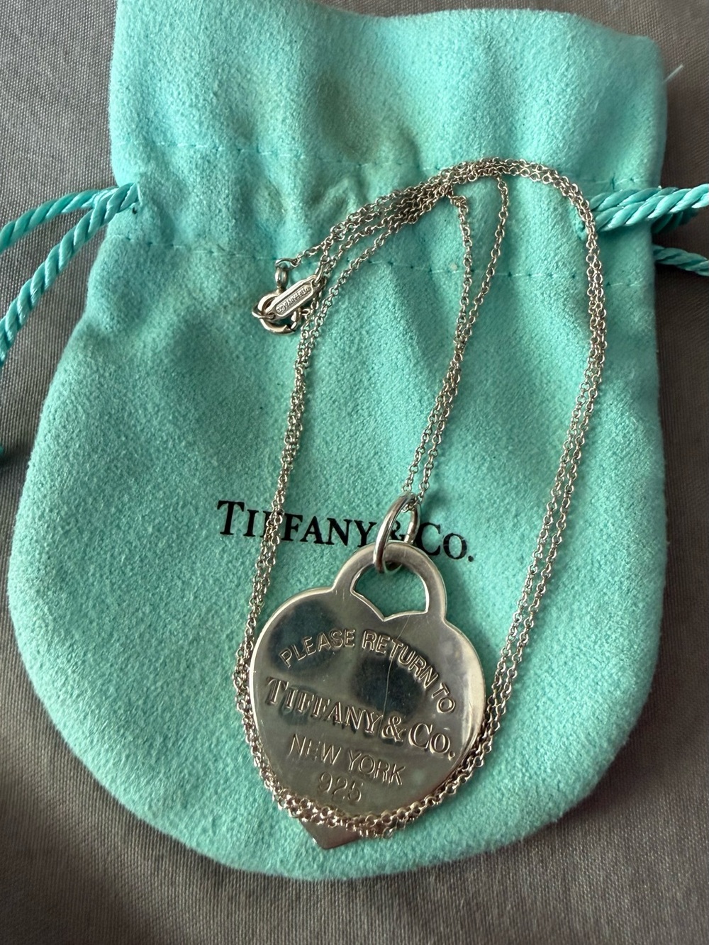 Tiffany & Co. Sterling Silver Heart Tag Necklace on Tiffany Blue Pouch